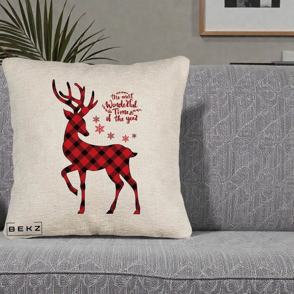Perna Decorativa Ren Buffalo Plaid Craciun, 40x40 cm, Bej Canapea, Husa Detasabila, Perna Inclusa, BEKZ®