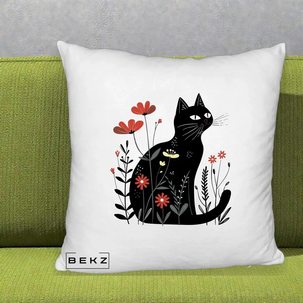 Perna Decorativa Pisica Neagra Flori Rosii Folk, 40x40 cm, Alb Pufos, Husa Detasabila, Perna Inclusa, BEKZ®