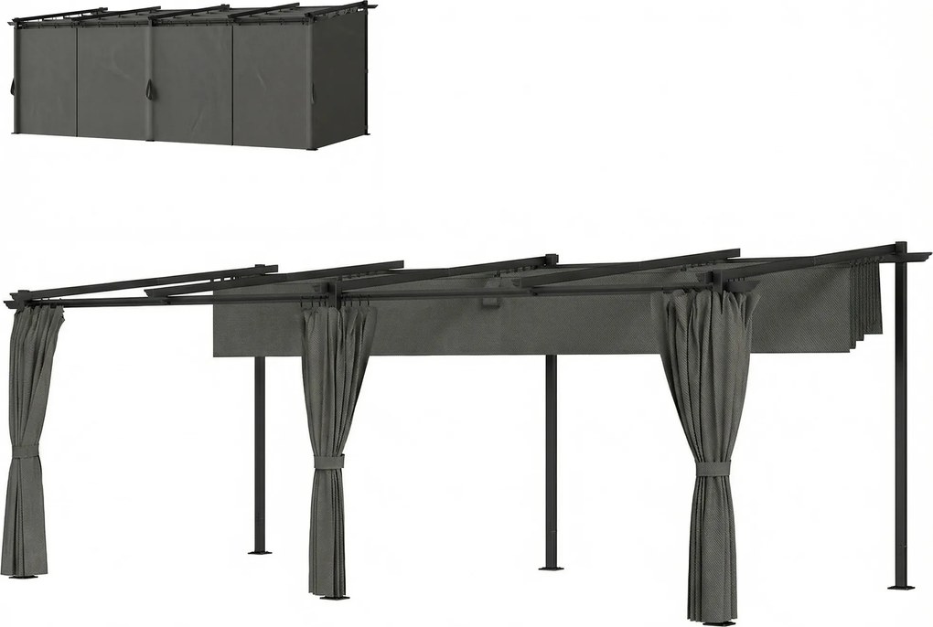 Outsunny Pergolă retractabilă cu perdele laterale, tonelă de grădină din metal cu protecție solară UPF30+, gri închis | Aosom Romania