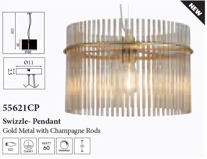 Lustra suspendata metal auriu, tije din sticla Swizzle