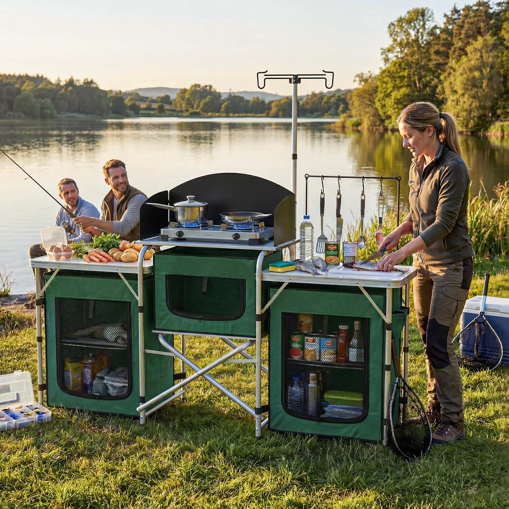 Outsunny Mobilier de Bucătărie pentru Camping Pliabil cu 3 Blaturi, 4 Cârlige, Stâlp de Lumină și Husă de Transport 172x48x119 cm Verde | Aosom Romania