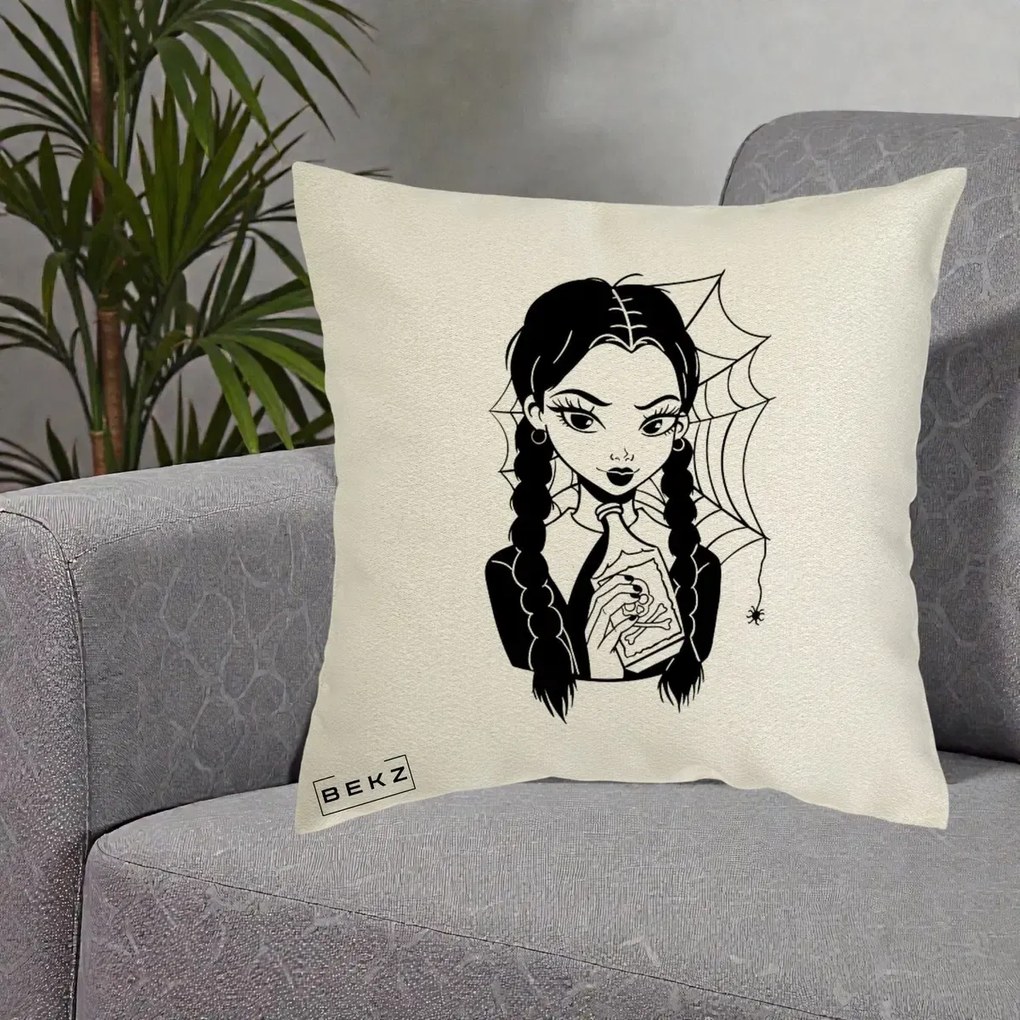 Perna Personalizata Wednesday cu Panza de Paianjen, 40x40 cm, Ecru, Husa Detasabila, Perna Inclusa, BEKZ®