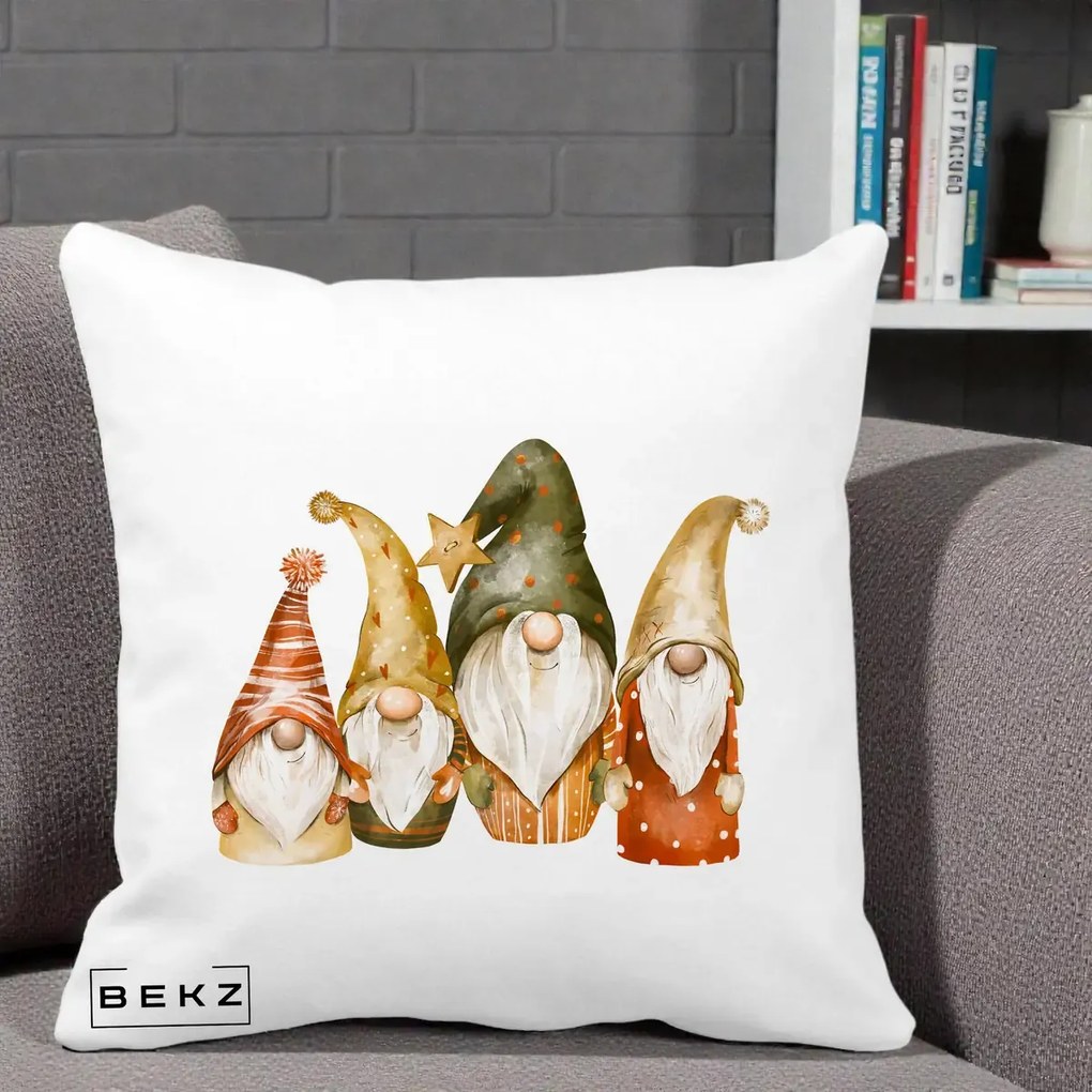 Perna Decorativa Gnomi de Craciun Patru, 40x40 cm, Alba Mata, Husa Detasabila, Perna Inclusa, BEKZ®