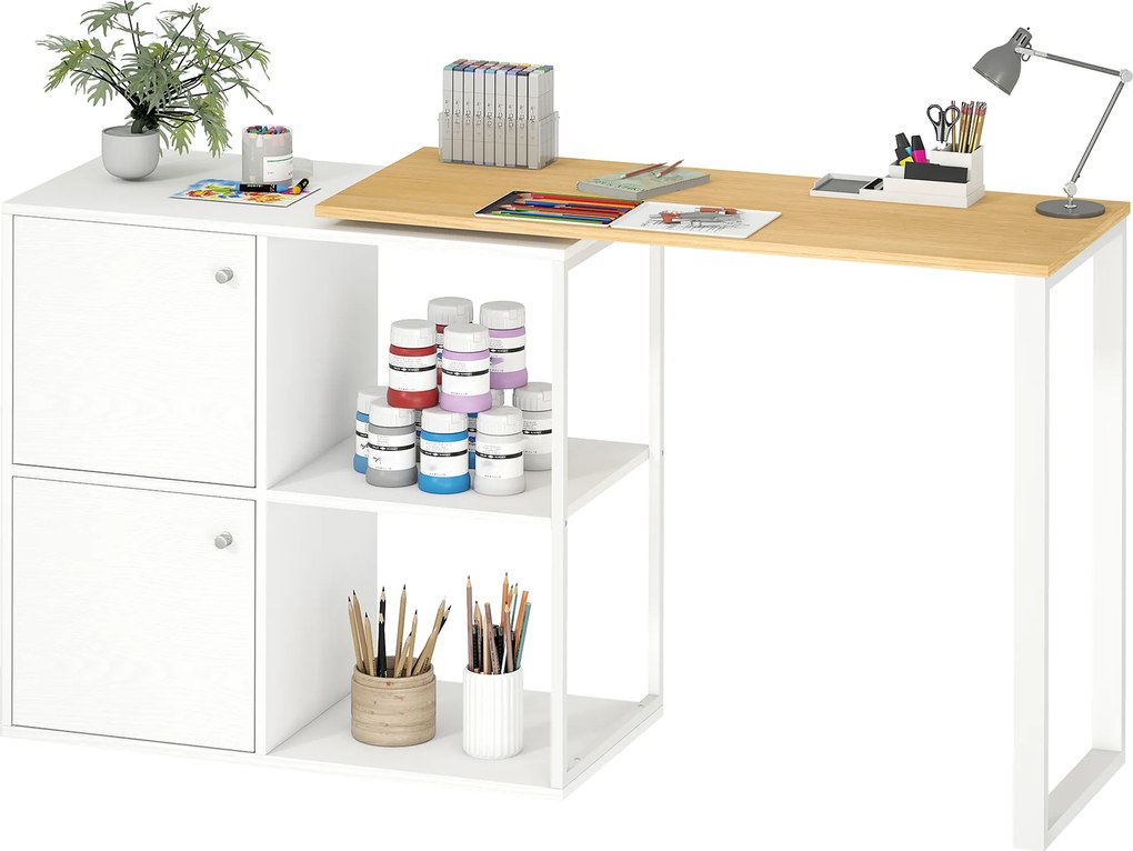 HOMCOM Birou în formă de L, birou de colț rotativ 360° cu 2 dulapuri de depozitare, 2 rafturi deschise, masă pentru calculator pentru spații mici, birou, living, 150x40x75 cm, Alb | Aosom Romania