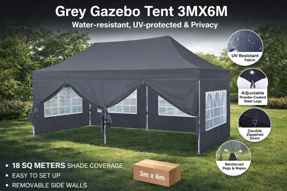 ABCCANOPY – Cort pavilion pliabil 6x3 m, înălțime reglabilă 3 trepte, pereți cu ferestre transparente, impermeabil, Gri,