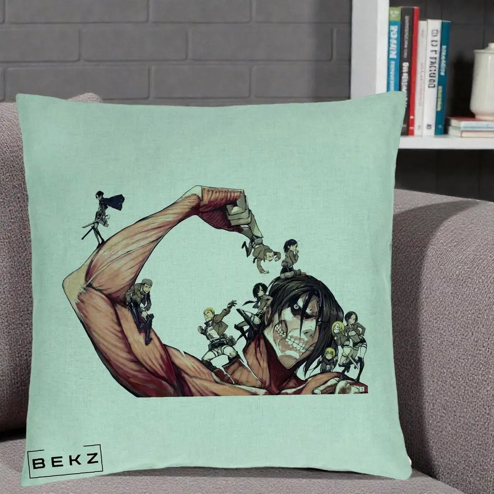 Perna Personalizata Attack on Titan Eren Titan Grup, 40x40 cm, Verde Menta, Husa Detasabila, Perna Inclusa, BEKZ®