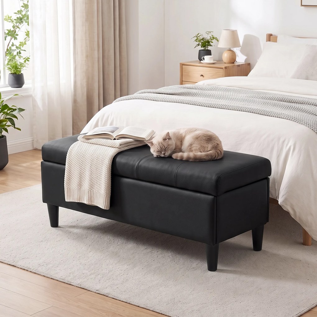 HOMCOM Bancă cu depozitare 136 L, taburet cu ladă 110x41x42 cm, piele ecologică pet-friendly, negru | Aosom Romania