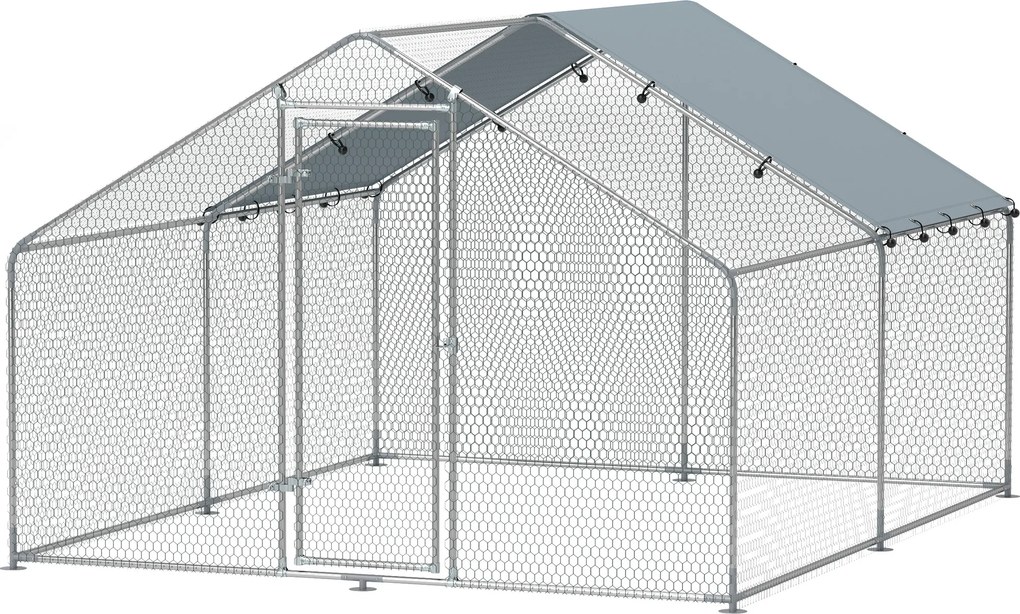 PawHut Coteț pentru Găini din Metal cu Copertină Impermeabilă și Rezistentă la UV, 3x3,4x1,9 m, Argintiu | Aosom Romania