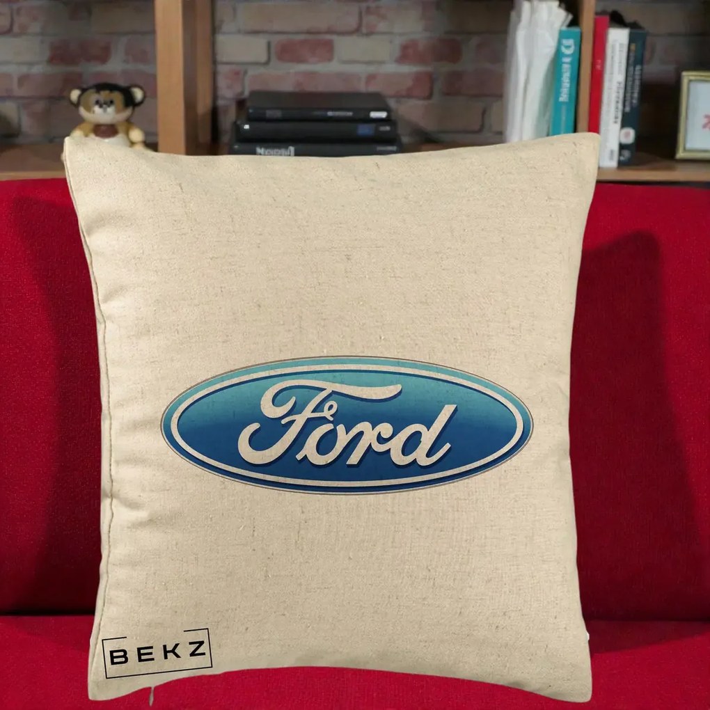 Perna Personalizata cu emblema Ford, 40x40 cm, Bej, Husa Detasabila, Perna Inclusa, BEKZ®