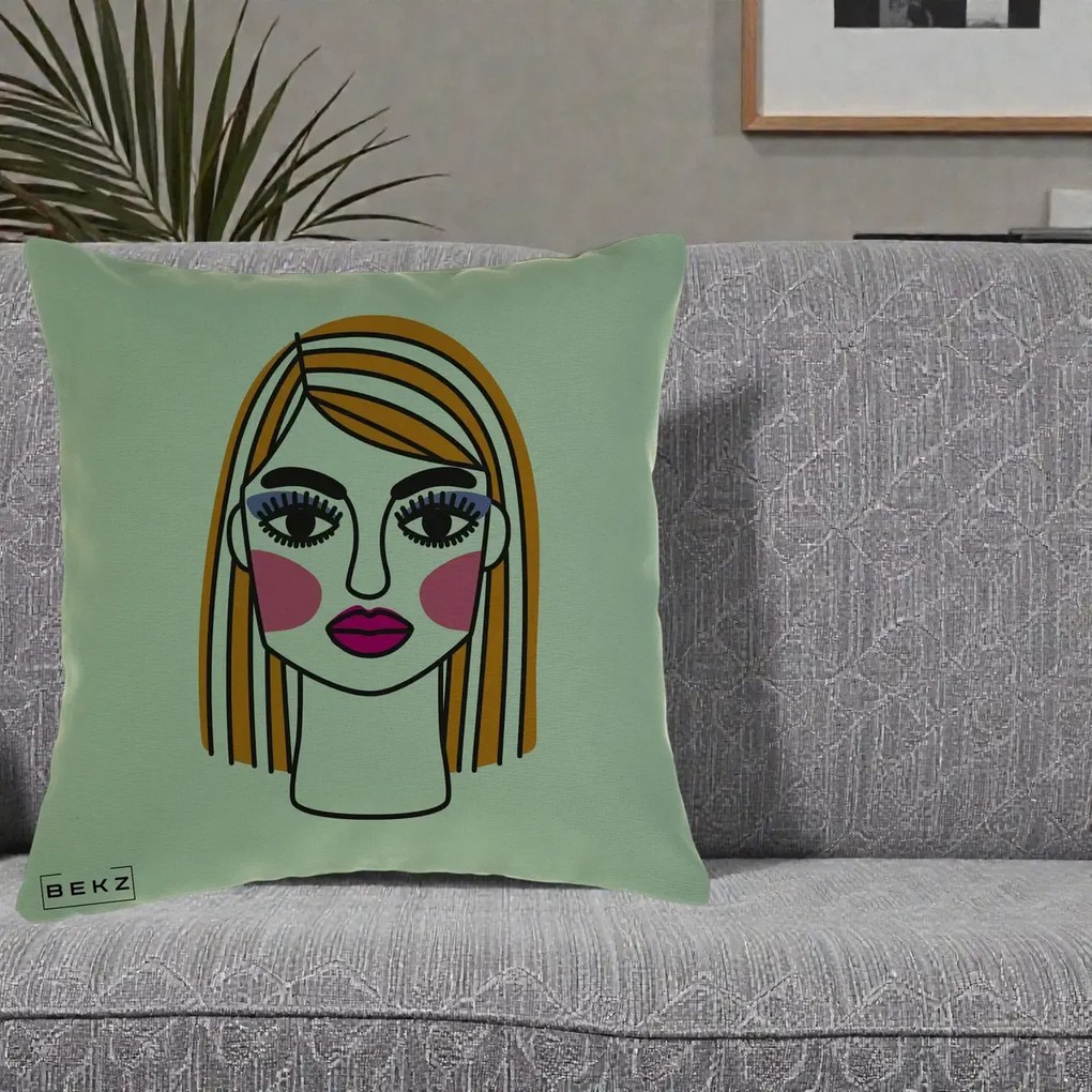 Perna Decorativa Portret Pop Art Fata, 40x40 cm, Verde, Husa Detasabila, Perna Inclusa, BEKZ®