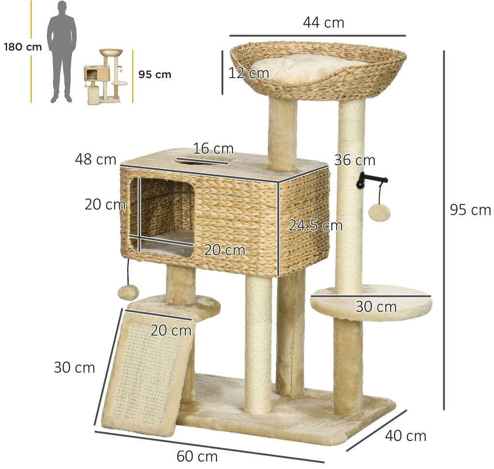 PawHut Arbore de Zgâriat pentru Pisici cu Căsuță, Stâlp și Bilă de Joc, Turn pentru Pisici din Lemn, 60x40x95 cm, Bej | Aosom Romania