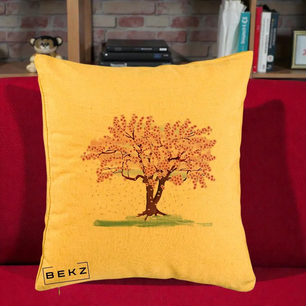 Perna Decorativa Cires Inflorit Acuarela, 40x40 cm, Galben, Husa Detasabila, Perna Inclusa, BEKZ®