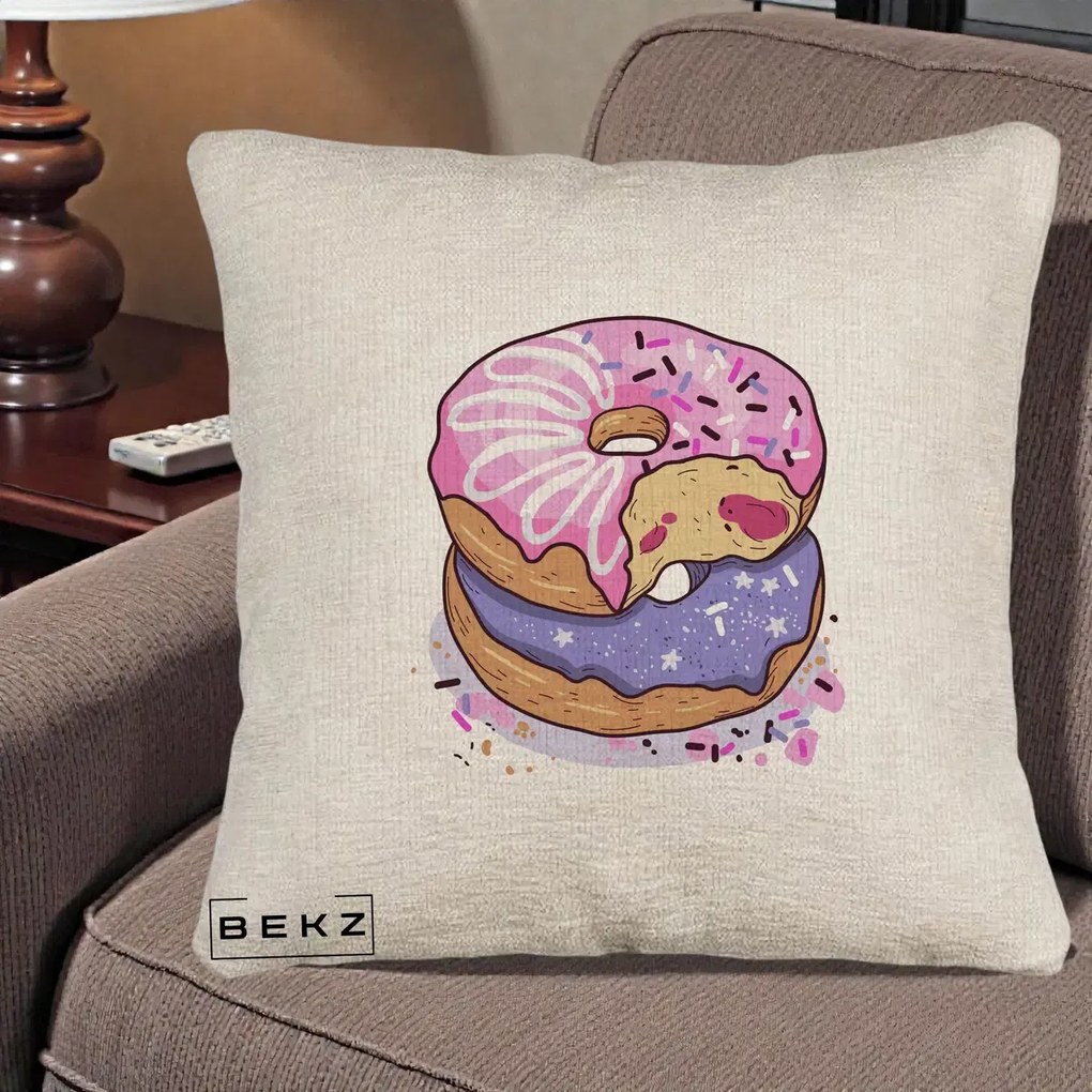 Perna Decorativa Donuts Roz si Mov, 40x40 cm, Bej Canapea, Husa Detasabila, Perna Inclusa, BEKZ®