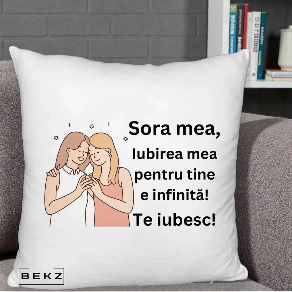 Cadou pentru Sora - Perna Personalizata Sora Mea Te Iubesc Imbratisare cu Sclipiri, 40x40 cm, Alb Pufos, Husa Detasabila, Perna Inclusa, BEKZ®