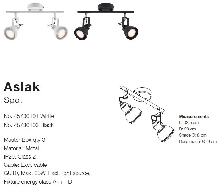 Lustra cu 2 spoturi directionabile Aslak, alb 45730101 NL