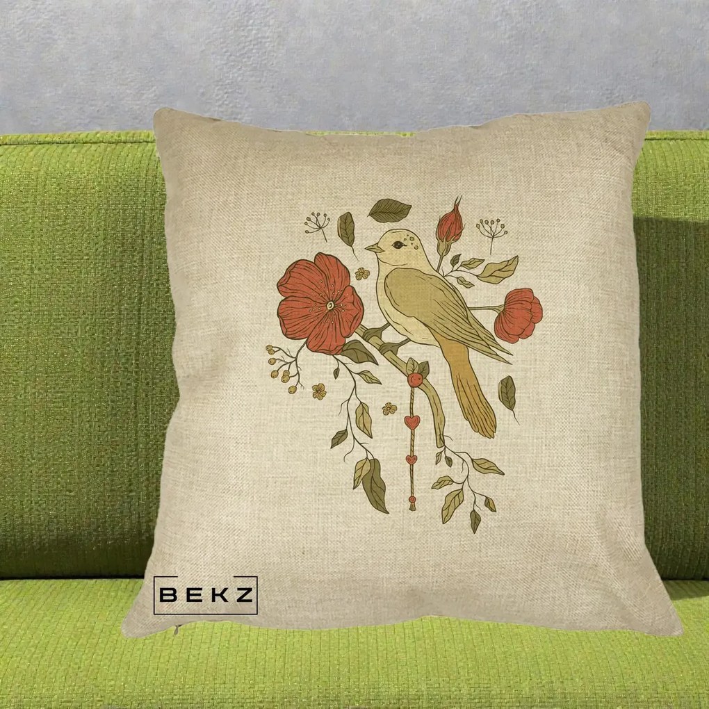 Perna Decorativa Pasare pe Ramura cu Maci, 40x40 cm, Crem, Husa Detasabila, Perna Inclusa, BEKZ®