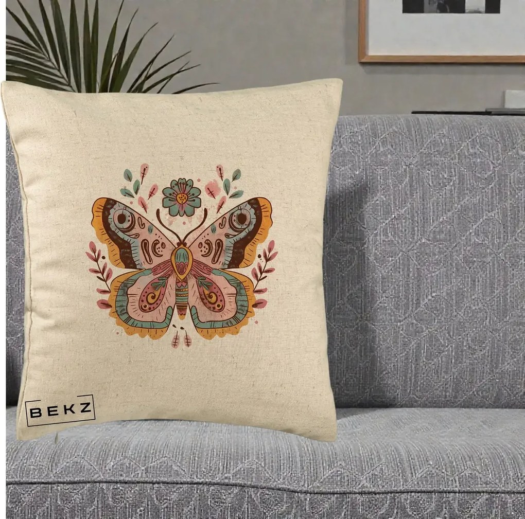 Perna Decorativa Fluture Boho Floral, 40x40 cm, Bej, Husa Detasabila, Perna Inclusa, BEKZ®