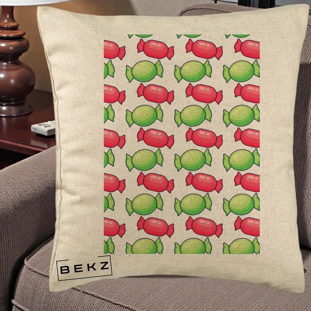 Perna Decorativa Bomboane Craciun Pattern, 40x40 cm, Bej, Husa Detasabila, Perna Inclusa, BEKZ®