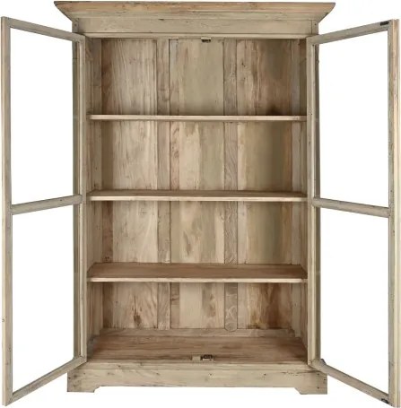 Vitrină rustică din lemn reciclat, natur, cu 2 uși vitrate, 3 rafturi și console sculptate, 209 x 130 x 55 cm, „Pastel”