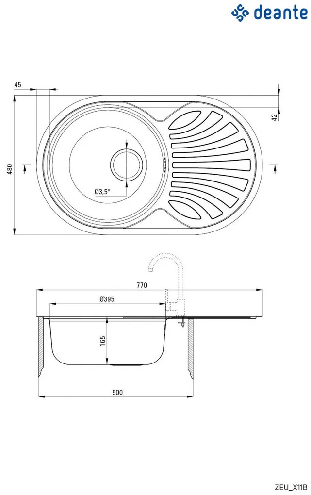 Chiuvetă din inox, 1-cuvă cu picurător, Twist, ZEU_311B