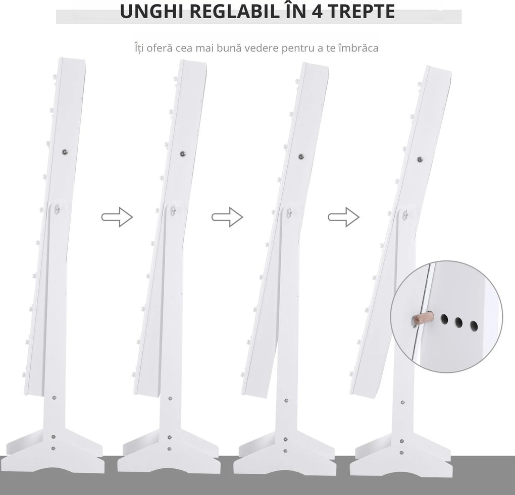 HOMCOM Dulap pentru Bijuterii cu Oglindă și LED-uri, Spațiu Amplu de Depozitare, 40x37x146 cm, Alb | Aosom Romania