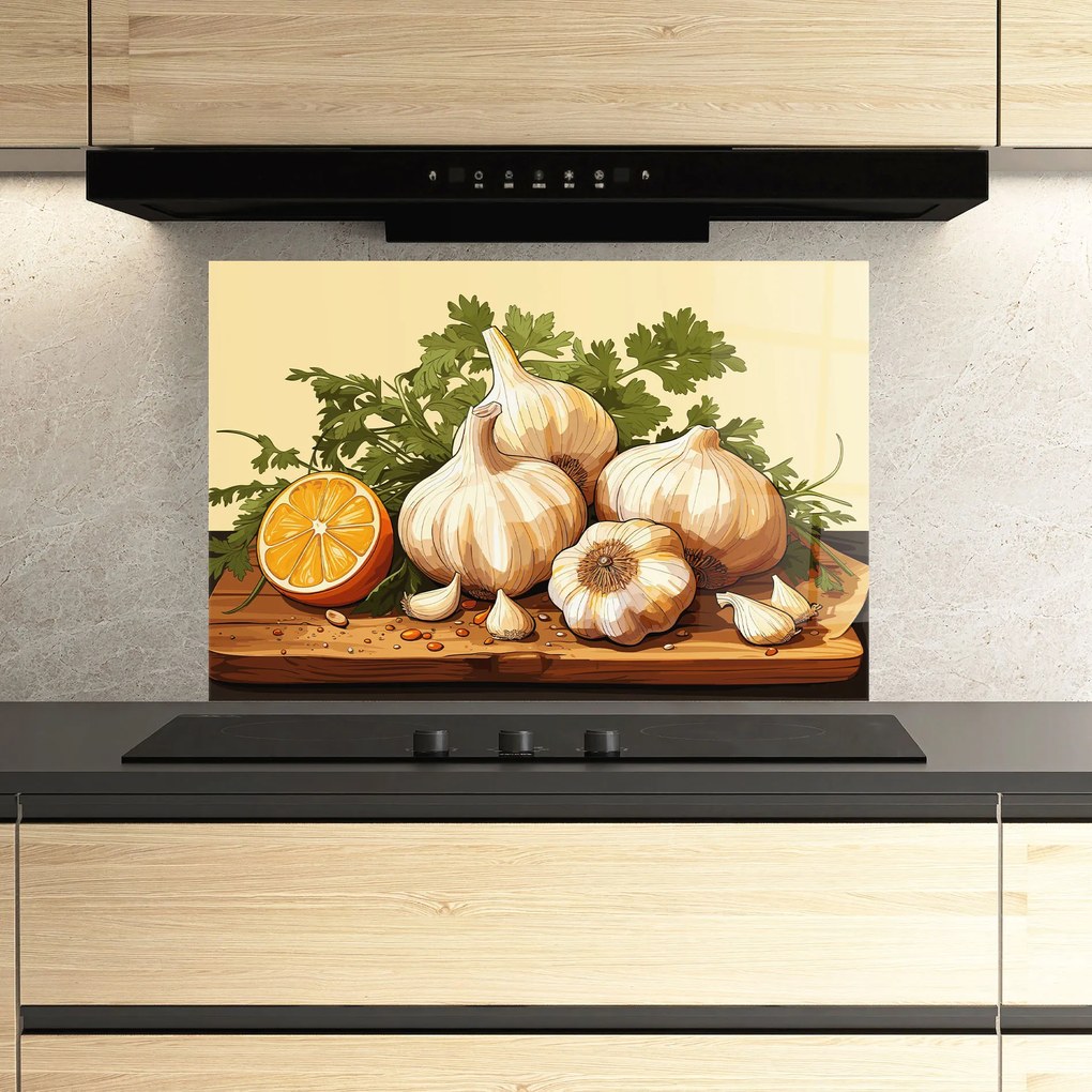 Panou Sticla Bucatarie, 30x40cm, Protectie aragaz, Antistropi, Termorezistent, Alimente, Condimente, Garlic Lemon