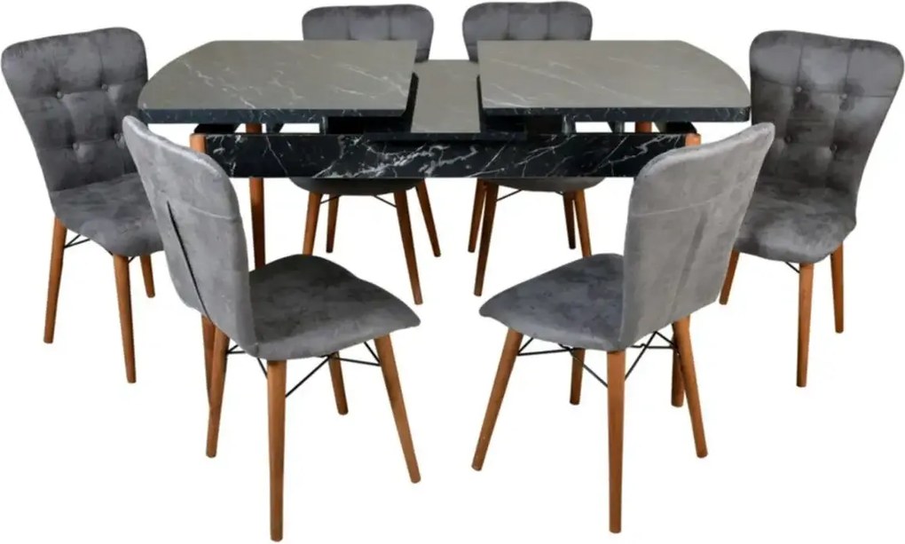 Set masa extensibila cu 6 scaune tapitate Homs cristal  negru-gri 170 x 80 cm