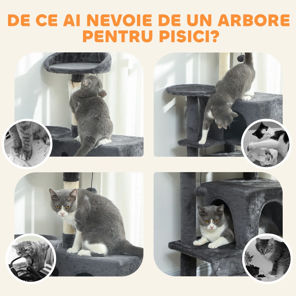 PawHut Ansamblu de joacă pentru pisici cu 2 căsuțe, culcuș și Hamac, 140 cm, Gri | Aosom Romania