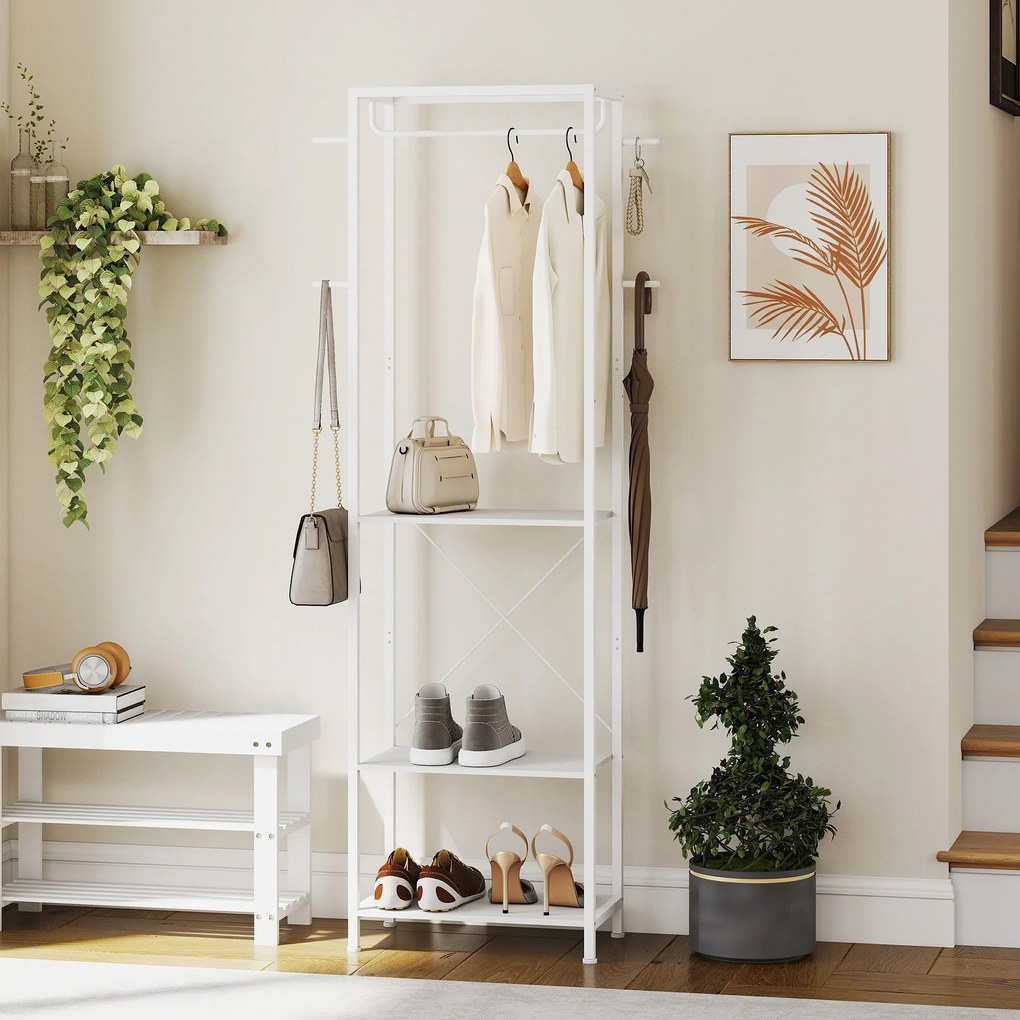 HOMCOM Cuiere de Intrare cu Suport pentru Încălțăminte, Bară pentru Haine, 4 Cârlige, Raft Superior și 2 Rafturi pentru Încălțăminte, 52x30x180 cm, Alb | Aosom Romania