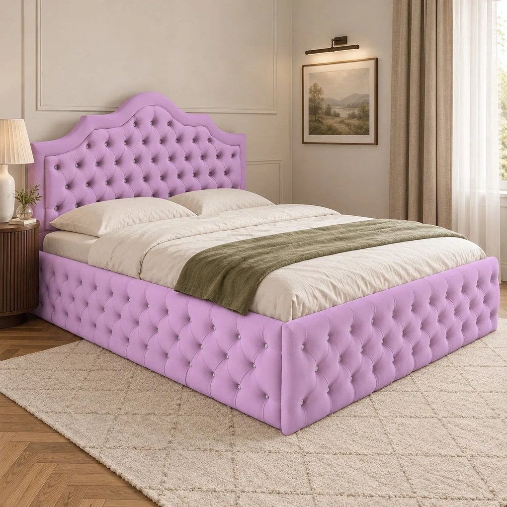 Pat tapițat Chesterfield din catifea Imperio Deluxe 160×200 cm, lila, cu ladă de depozitare