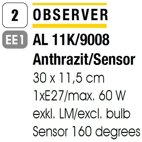 Aplica de exterior cu protectie IP54 si senzor de miscare Observer, antracit