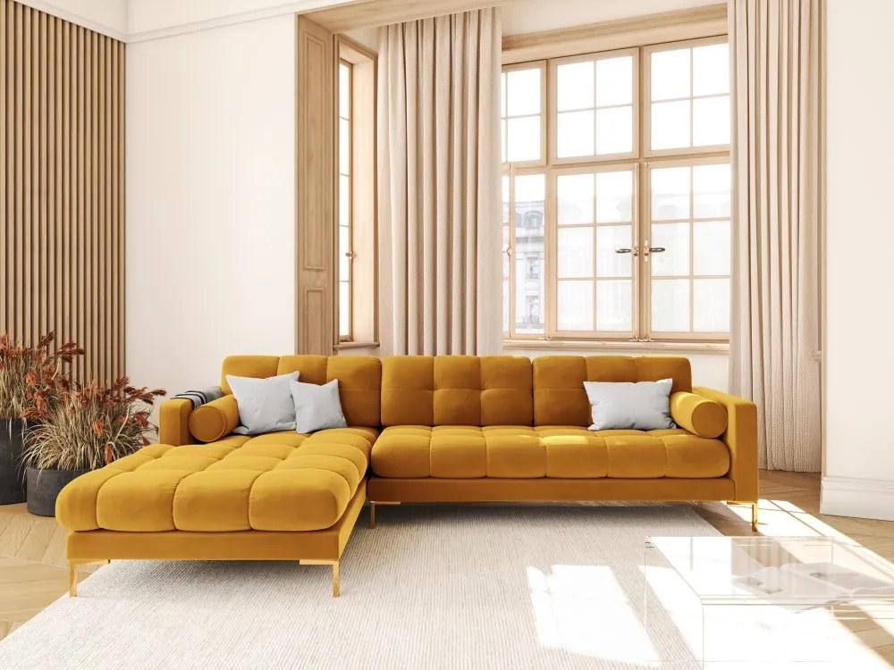 Colțar tapițat Bali, Galben/5 locuri/picioare gold/partea stângă/ L293 x l185 x h75