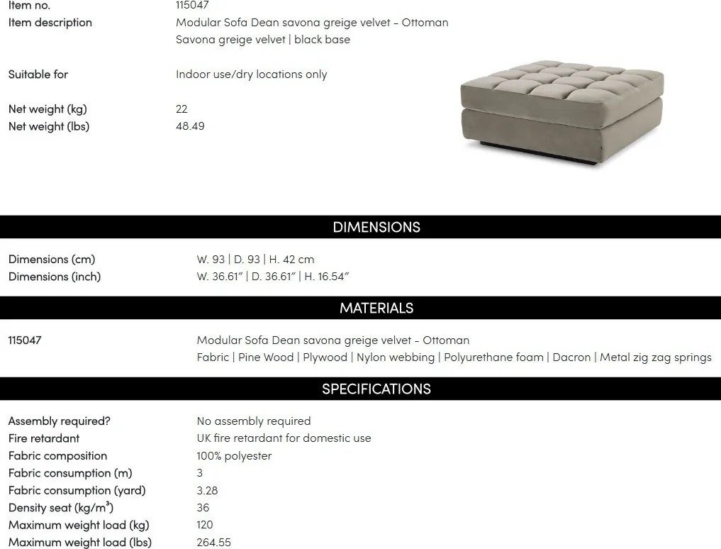 Otoman design LUX, Suport picioare canapea modulara Dean Savona greige