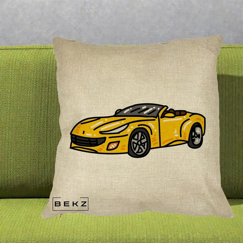 Perna Personalizata Masina Cabriolet Galbena Grafic, 40x40 cm, Crem, Husa Detasabila, Perna Inclusa, BEKZ®