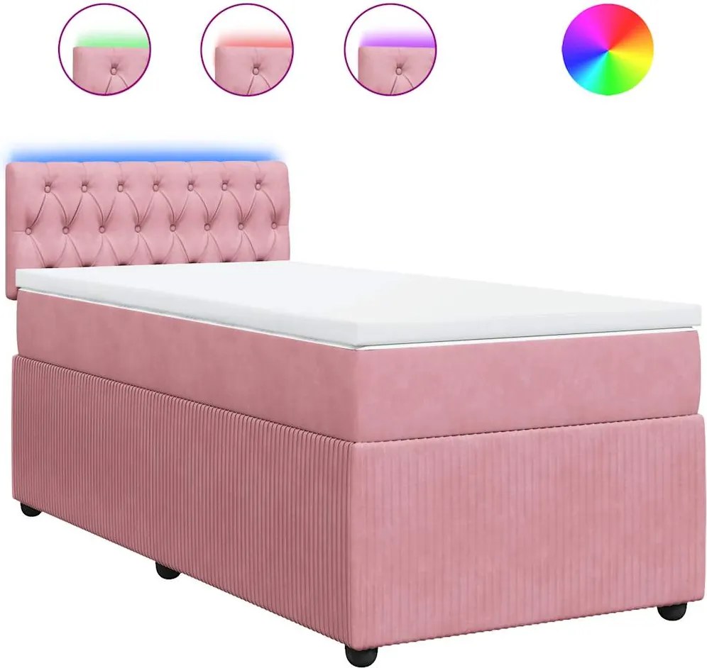 vidaXL Pat box spring cu saltea, roz, 90x200 cm, catifea