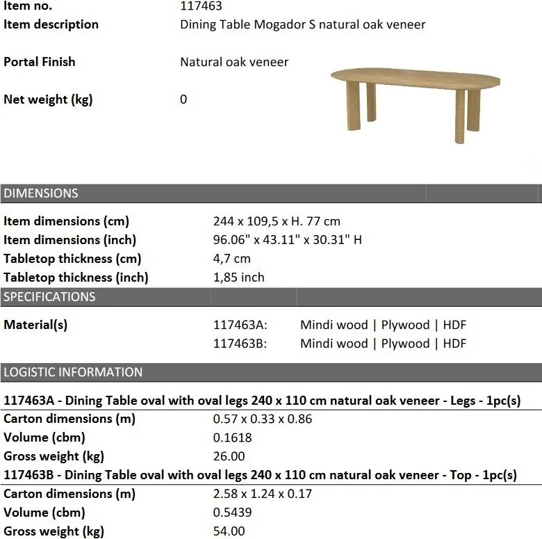 Masa dining moderna design LUX Mogador S natur 244x109cm