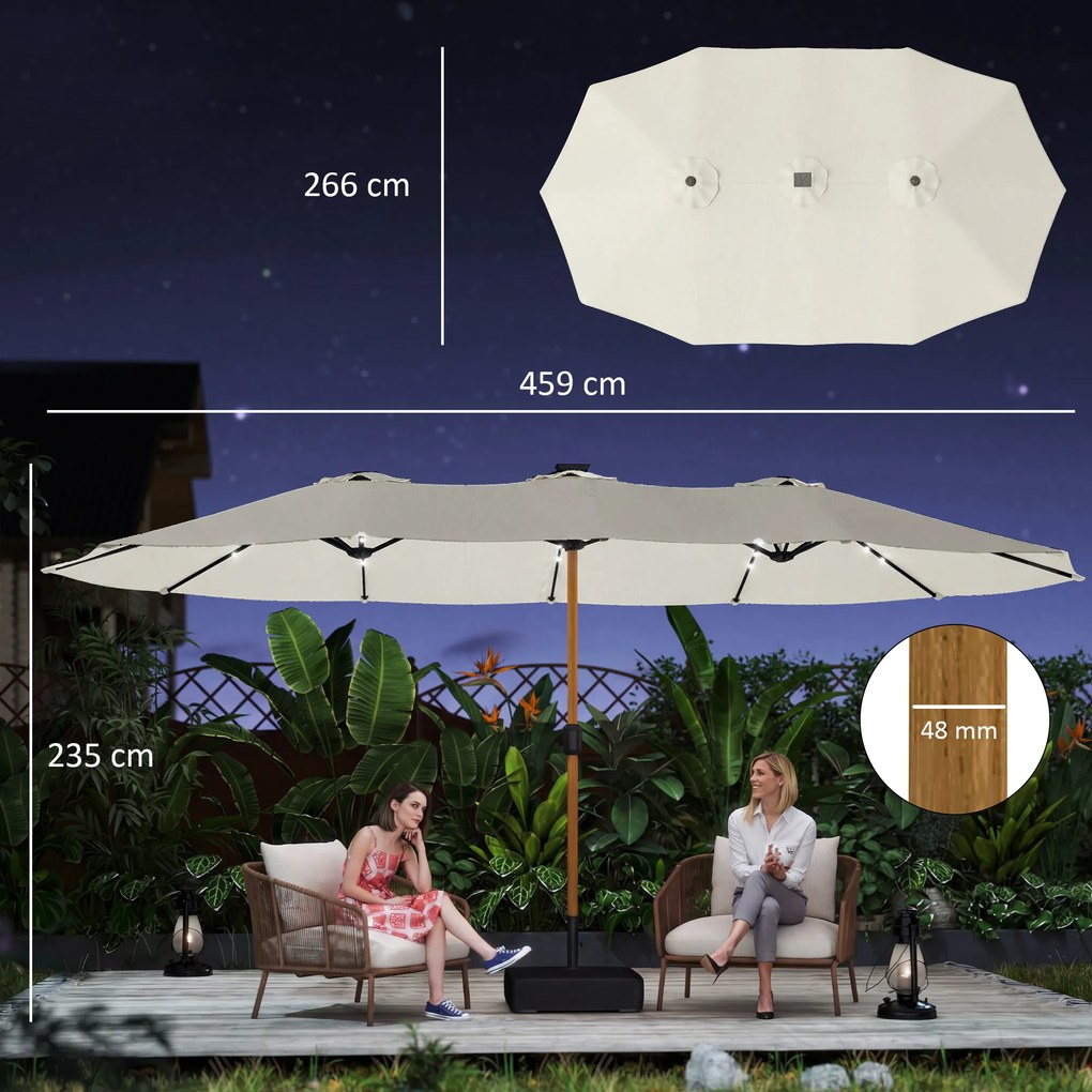 Outsunny Umbrelă dublă de grădină 4,6x2,6 m cu 48 LED-uri bază inclusă manivelă saci cu nisip anti-UV crem | Aosom Romania