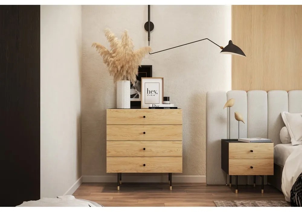 Comodă neagră/în culoare naturală înaltă cu aspect de lemn de stejar 80x87 cm Jugend – Woodman