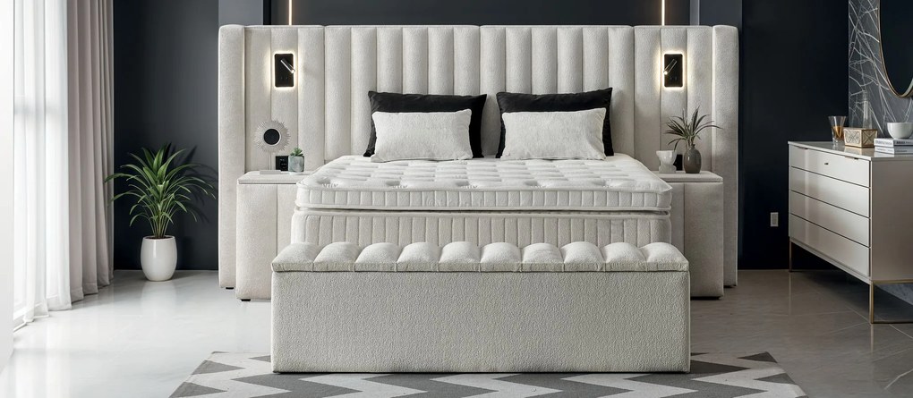 Boxspring ~FLORIDA~ lada de depozitare, saltea cu topper, material boucle, culoare bej 180x200