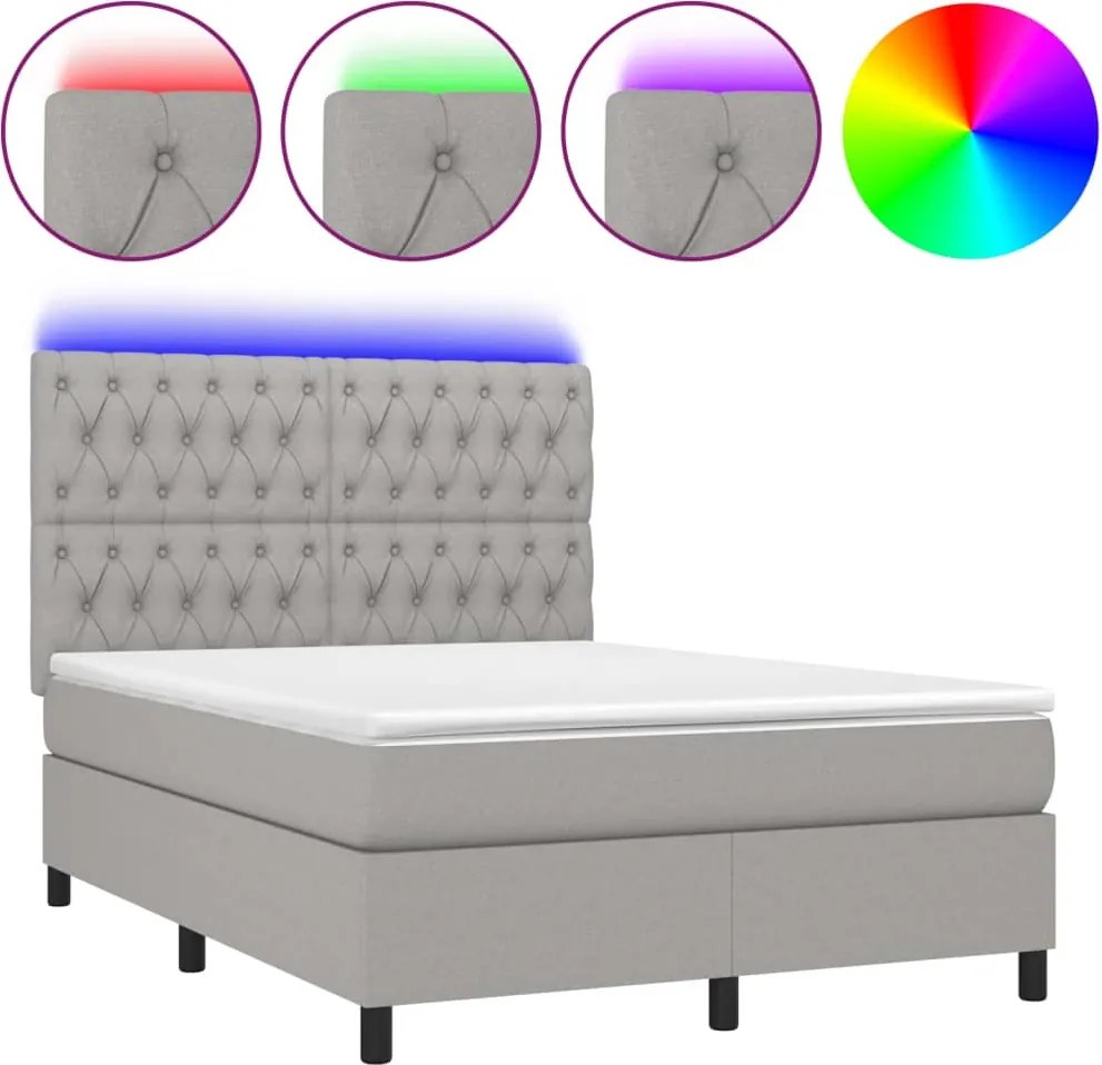 vidaXL Pat cu arcuri, saltea și LED, gri deschis, 140x200 cm, textil