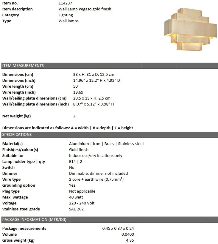 Aplica de perete dimabila design LUX Pegaso 114237 HZ