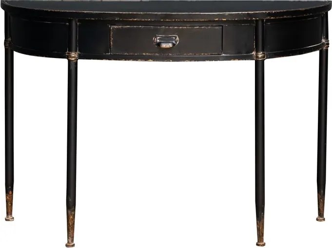 Consolă hol vintage din metal, negru, cu blat semicerc, sertar și mâner cu ramă pentru etichetă, 80 x 120 x 44 cm, „Agathe”