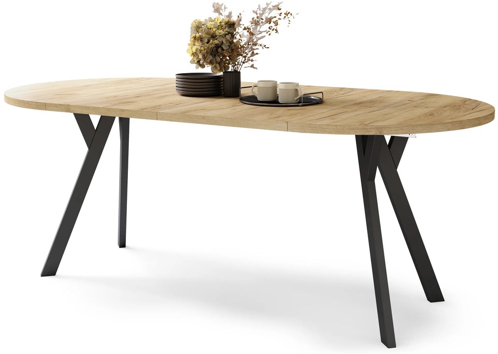 Mazzoni ALDO Stejar Craft Auriu/picioare negre - MASĂ ROTUNDĂ STIL LOFT PENTRU SALON/SUFRAGERIE EXTENSIBILĂ CU PICIOARE ÎN FORMĂ DE "Y"