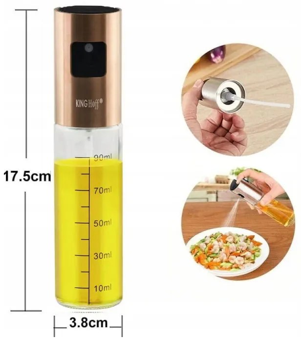 Flacon spray pentru ulei sau otet Kinghoff KH 1722, Sticla, 100 ml, 18х4 cm, Transparent/Auriu