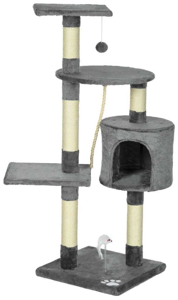 PawHut Rascador pentru Pisici Înălțime 116 cm Copac pentru Pisici cu Stâlpi de Sisal Peșteră Platforme și Jucării Gri închis | Aosom Romania
