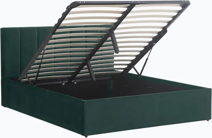 Pat tapitat Frisco, 160x200 cm, somiera rabatabila, spatiu depozitare, verde inchis