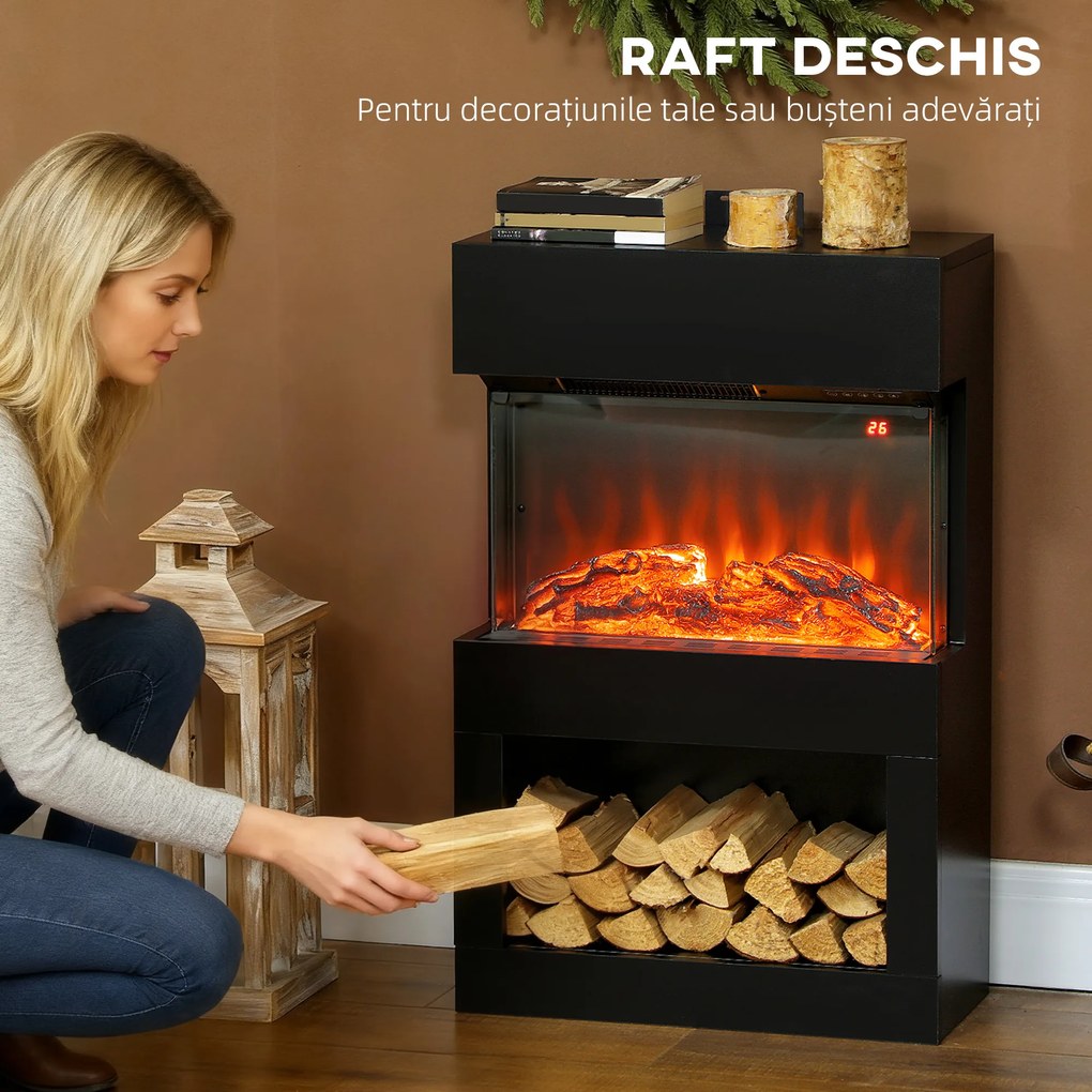 HOMCOM Șemineu electric cu efect de flacără colorată, 1000W/2000W și telecomandă | Aosom Romania