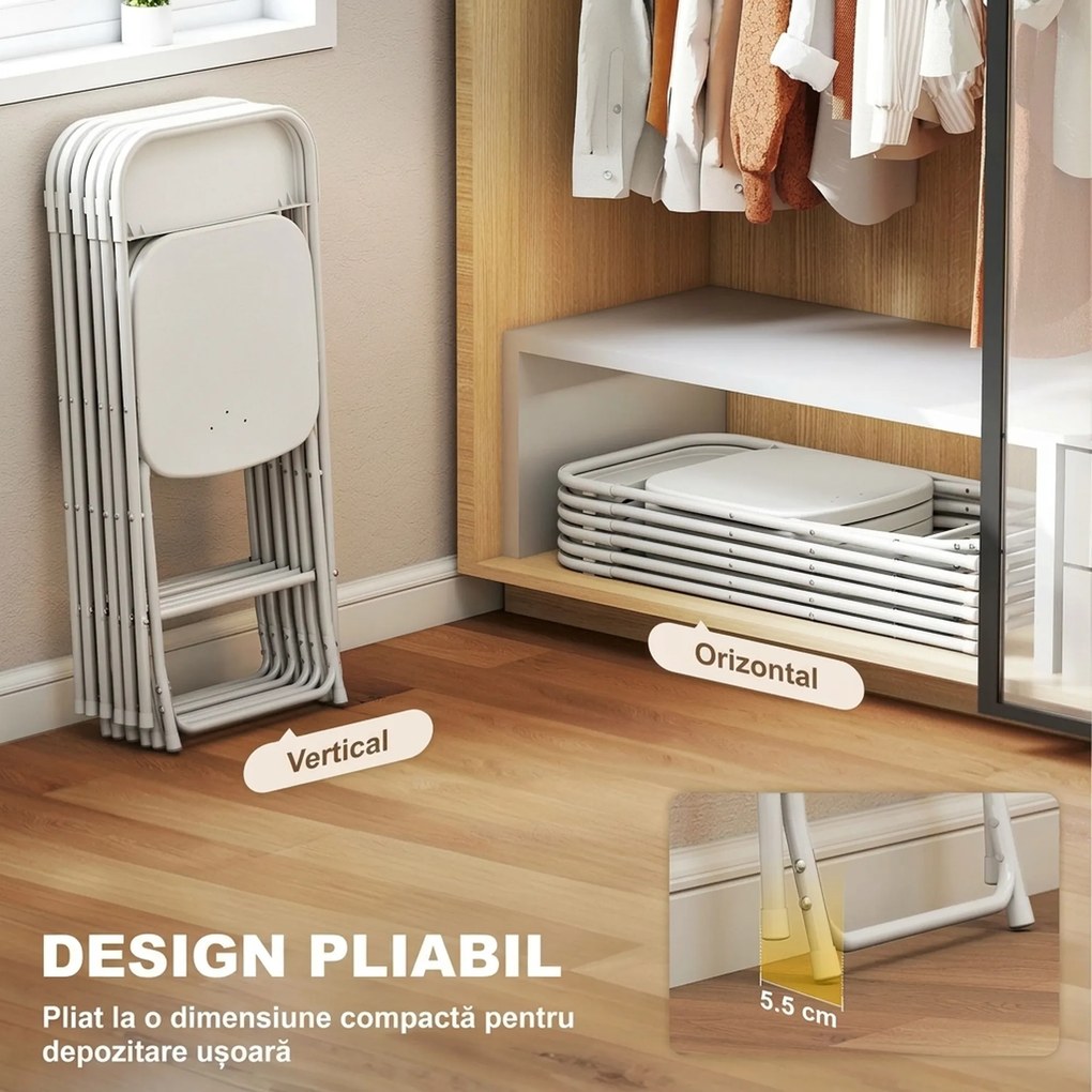 HOMCOM Set de 6 Scaune Pliabile din PP cu Orificii de Drenaj, Scaune Pliabile Salva-Spațiu Portabile din Oțel, Scaun Pliabil de Interior pentru Casă, Birou, Bucătărie, Evenimente, 45x49x79,5 cm, Alb | Aosom Romania