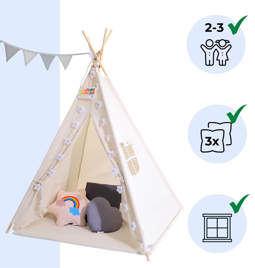 Cort tip teepee pentru copii JULIUS, 120x120x160cm, alb/gri Jurhan