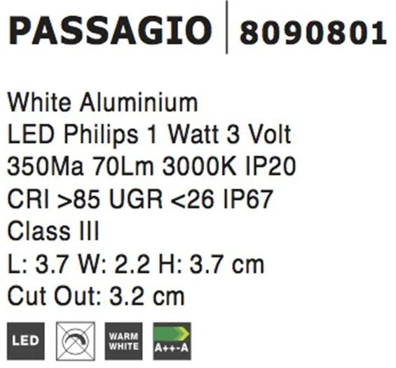 Spot LED incastrabil pentru scari IP67 PASSAGGIO alb